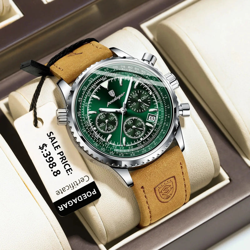 Relógio masculino de luxo POEDAGAR, à prova d'água, luminoso, com data, cronógrafo, esportivo, de pulso, em couro, quartzo.