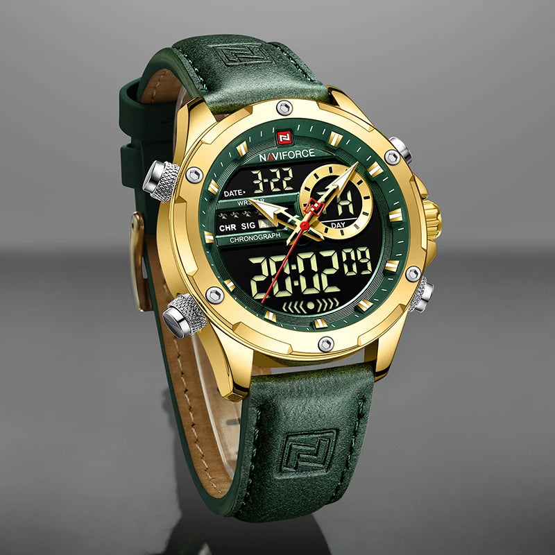 Relógio masculino NAVIFORCE, digital, esportivo, de luxo, marca renomada, com pulseira de couro militar, LED, quartzo, original para negócios.