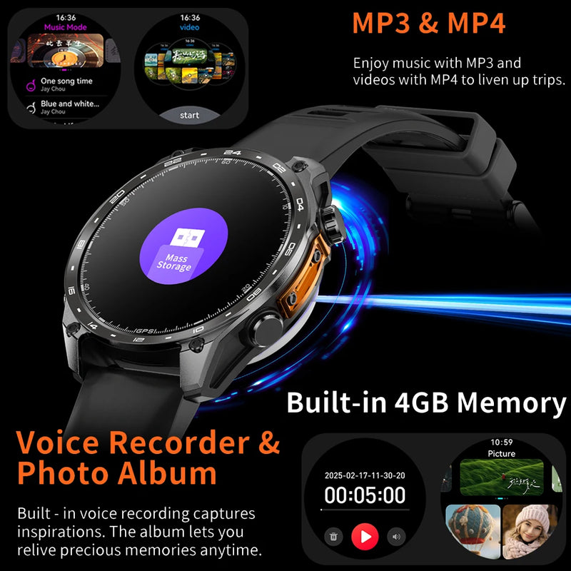 Novo Smartwatch GPS 2025 com mapas offline, memória de 4GB, reprodutor de vídeo, relógio inteligente esportivo militar masculino, resistente à água até 30m para natação, tela AMOLED.