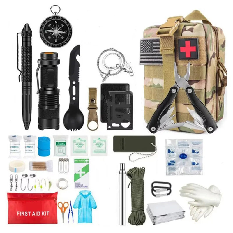 Kit de primeiros socorros de sobrevivência, conjunto completo de sobrevivência com sistema Molle, equipamento para atividades ao ar livre, kit de emergência, bolsa para traumas, kit de primeiros socorros individual para camping, trilhas e aventuras.