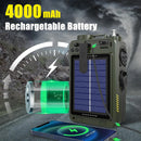 Rádio FM de emergência com manivela, Bluetooth, lanterna e alarme SOS, alimentado por USB, reprodução via cartão TF, ideal para camping.