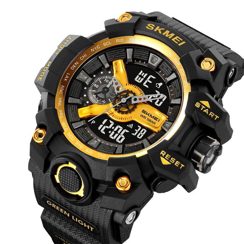 Relógio esportivo militar à prova de choque Skmei para homens, com design moderno, duplo fuso horário, mostrador grande, cronógrafo LED, à prova d'água e alarme.