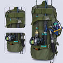 Mochila multifuncional para equipamentos de pesca, impermeável, com suportes para varas, design durável para camping, trilhas e viagens.