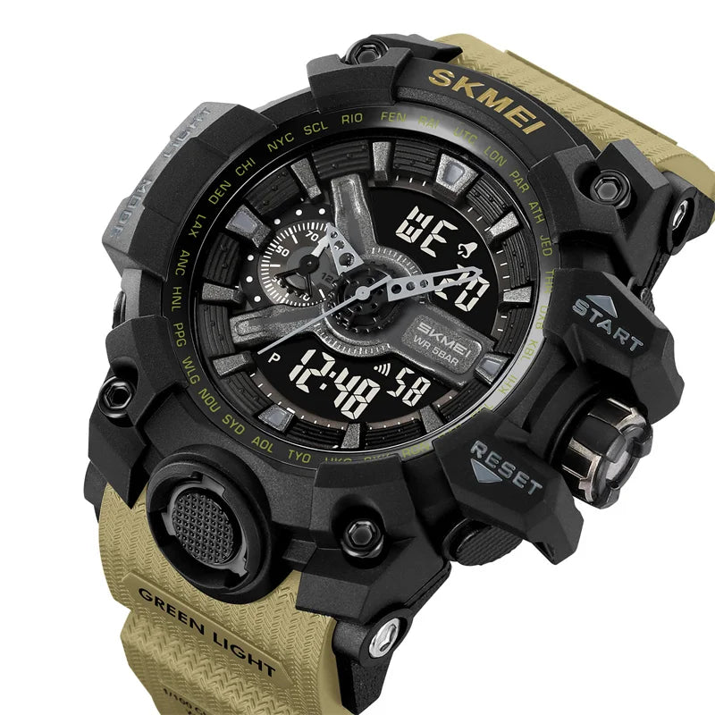 Relógio esportivo militar à prova de choque Skmei para homens, com design moderno, duplo fuso horário, mostrador grande, cronógrafo LED, à prova d'água e alarme.