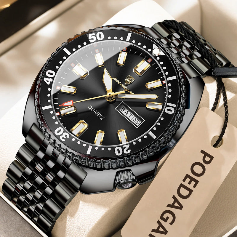Relógio masculino POEDAGAR Business Men com data, dia da semana, à prova d'água, luminoso, luxuoso, de aço inoxidável, com mecanismo de quartzo.