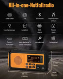 Rádio de emergência DAB376BT com manivela, DAB+FM, Bluetooth, bateria de 5000 mAh, energia solar e despertador. Ideal para situações de emergência como queda de energia.