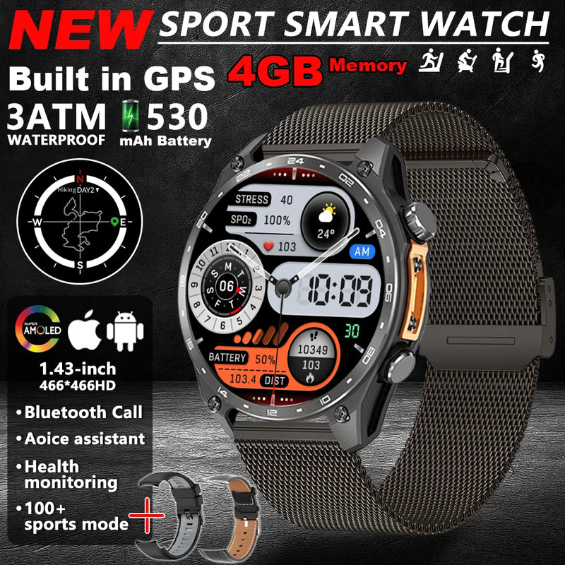 Novo Smartwatch GPS 2025 com mapas offline, memória de 4GB, reprodutor de vídeo, relógio inteligente esportivo militar masculino, resistente à água até 30m para natação, tela AMOLED.