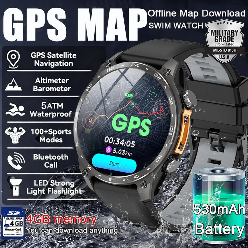 Novo Smartwatch GPS 2025 com mapas offline, memória de 4GB, reprodutor de vídeo, relógio inteligente esportivo militar masculino, resistente à água até 30m para natação, tela AMOLED.