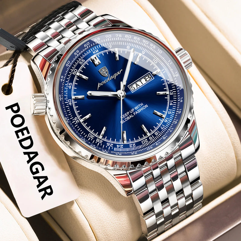 Relógio de luxo POEDAGAR para homem, em aço inoxidável, com data e dia da semana, movimento de quartzo, à prova d'água, luminoso, estilo militar, de alta qualidade.