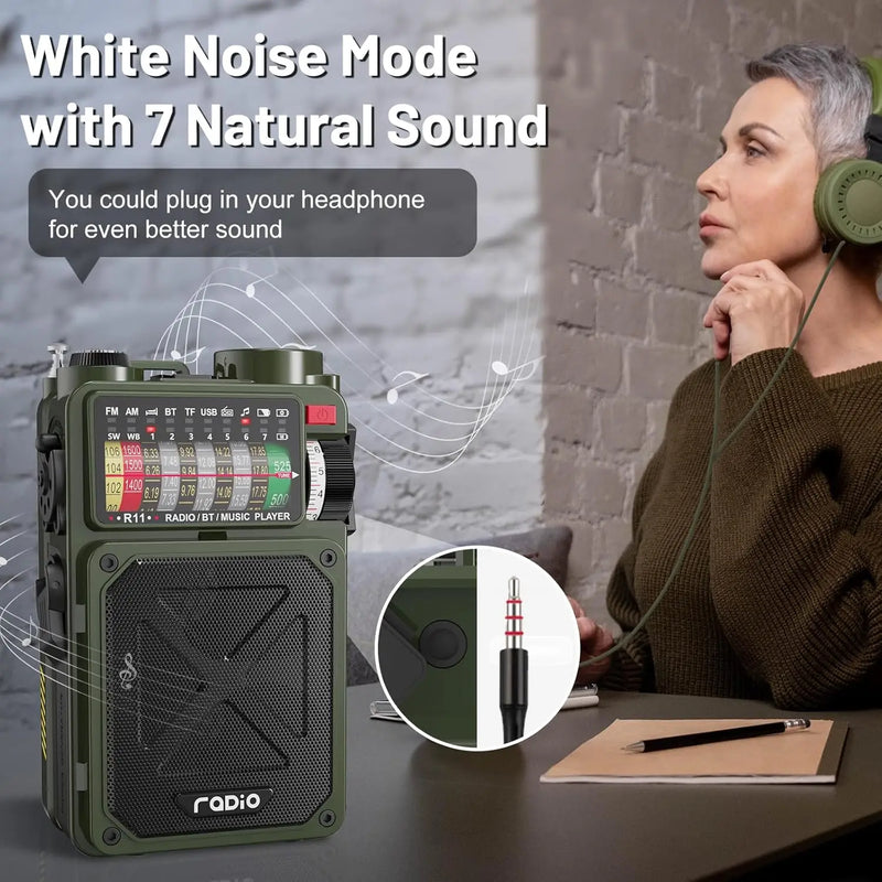 Rádio FM de emergência com manivela, Bluetooth, lanterna e alarme SOS, alimentado por USB, reprodução via cartão TF, ideal para camping.