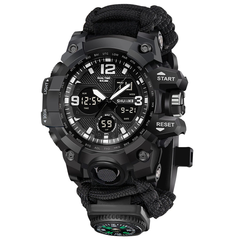 Relógio Militar de Sobrevivência ao Ar Livre Masculino Verde LED Digital Multifuncional à Prova d'Água com Duplo Visor