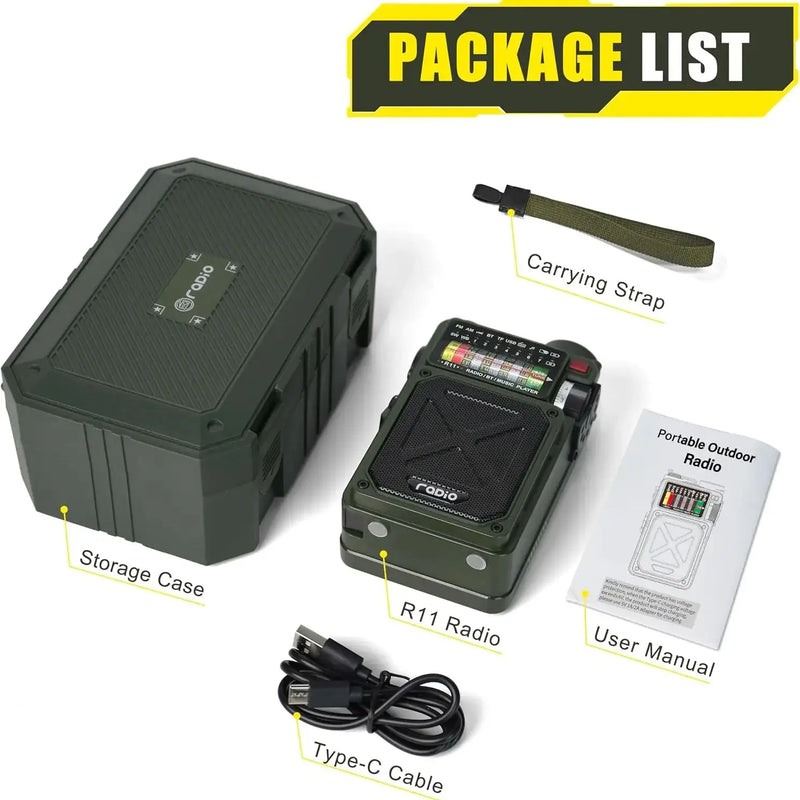 Rádio FM de emergência com manivela, Bluetooth, lanterna e alarme SOS, alimentado por USB, reprodução via cartão TF, ideal para camping.