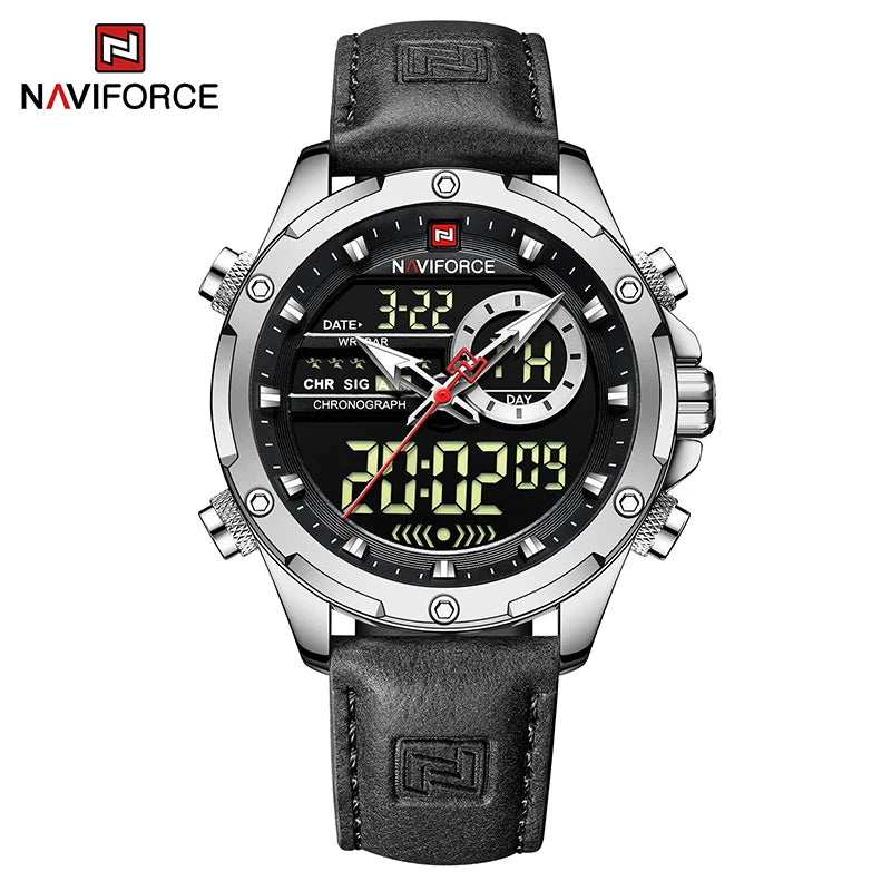 Relógio masculino NAVIFORCE, digital, esportivo, de luxo, marca renomada, com pulseira de couro militar, LED, quartzo, original para negócios.