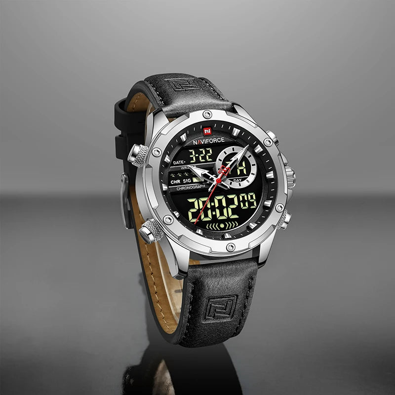 Relógio masculino NAVIFORCE, digital, esportivo, de luxo, marca renomada, com pulseira de couro militar, LED, quartzo, original para negócios.