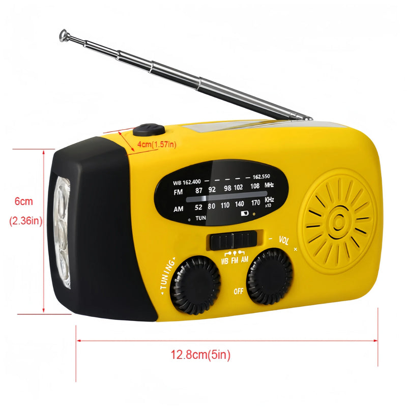 Rádio de emergência multifuncional com energia solar, manivela, USB, lanterna LED e recepção FM, AM e WB.