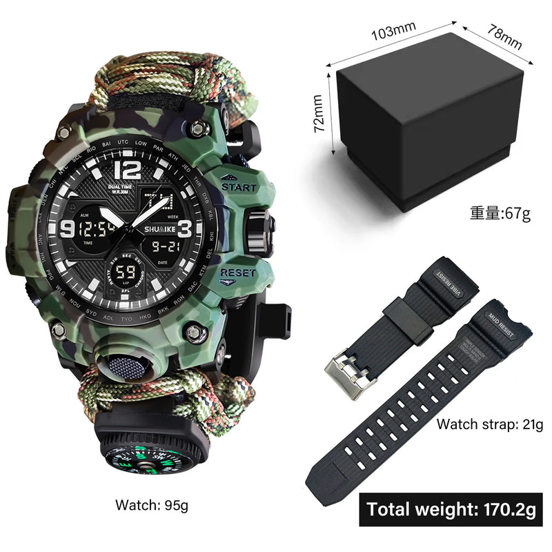 Relógio de pulso masculino multifuncional para atividades ao ar livre, com bússola, à prova d'água, movimento de quartzo LED e tecnologia digital.