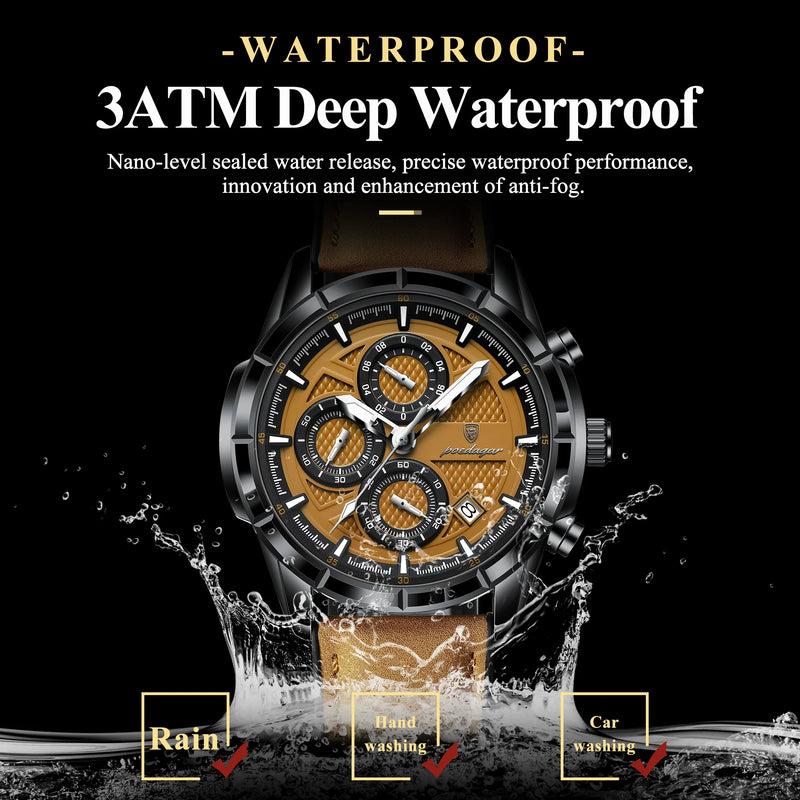 Relógio de pulso masculino de luxo POEDAGAR, quartzo, pulseira de couro original, cronógrafo, data, à prova d'água, luminoso, + caixa.