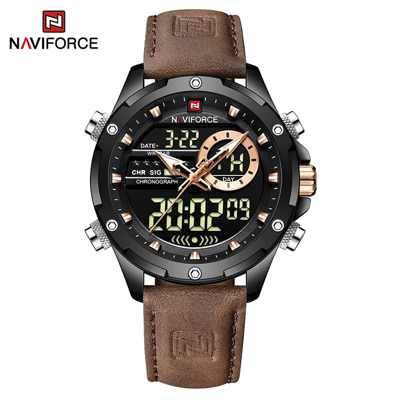 Relógio masculino NAVIFORCE, digital, esportivo, de luxo, marca renomada, com pulseira de couro militar, LED, quartzo, original para negócios.