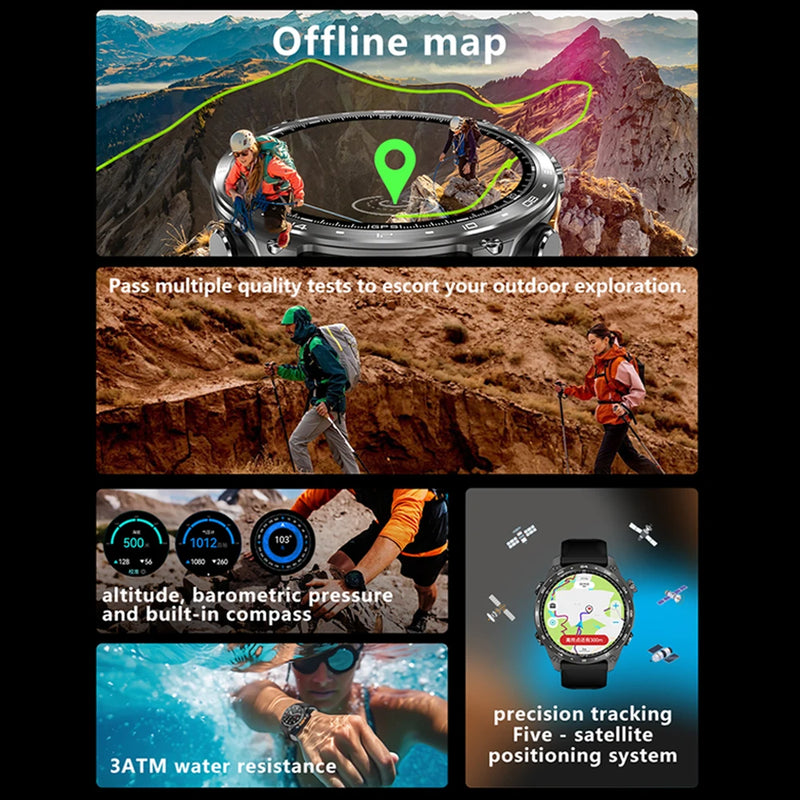 Novo Smartwatch GPS 2025 com mapas offline, memória de 4GB, reprodutor de vídeo, relógio inteligente esportivo militar masculino, resistente à água até 30m para natação, tela AMOLED.