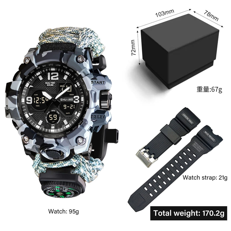 Relógio de pulso masculino multifuncional para atividades ao ar livre, com bússola, à prova d'água, movimento de quartzo LED e tecnologia digital.