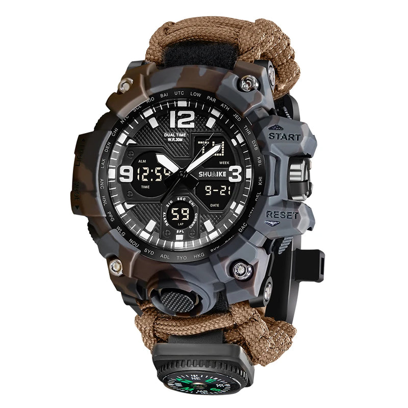 Relógio Militar de Sobrevivência ao Ar Livre Masculino Verde LED Digital Multifuncional à Prova d'Água com Duplo Visor