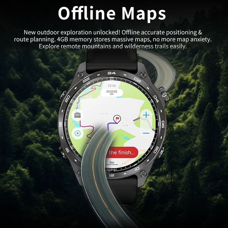 Novo Smartwatch GPS 2025 com mapas offline, memória de 4GB, reprodutor de vídeo, relógio inteligente esportivo militar masculino, resistente à água até 30m para natação, tela AMOLED.