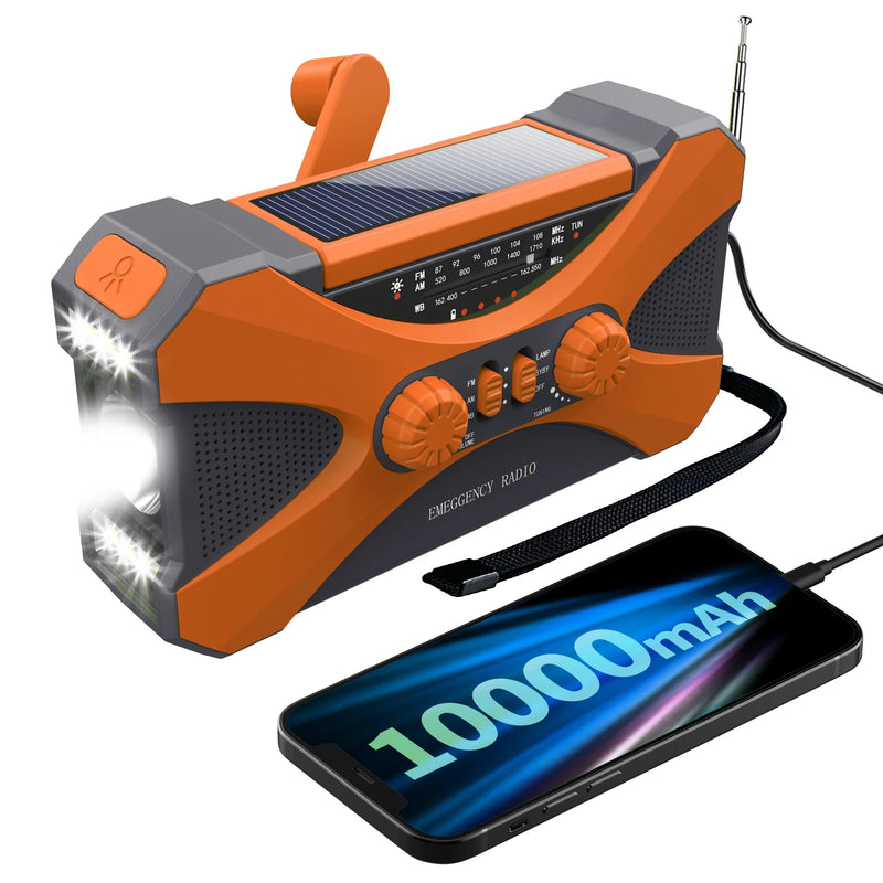 Rádio de emergência de 10000mAh, rádio solar com manivela, rádio portátil AM/FM/NOAA com previsão do tempo, carregador de celular e lanterna LED.
