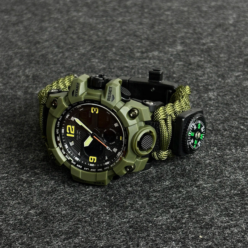 Relógio Militar de Sobrevivência ao Ar Livre Masculino Verde LED Digital Multifuncional à Prova d'Água com Duplo Visor