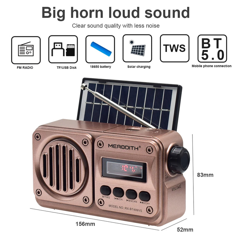 MD-499 Caixa de Som Bluetooth Sem Fio com Reprodução de MP3, Rádio FM, Carregamento Solar, Rádio de Emergência em Caso de Queda de Energia, Banda Completa e Alta Sensibilidade