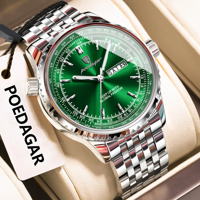 Relógio de luxo POEDAGAR para homem, em aço inoxidável, com data e dia da semana, movimento de quartzo, à prova d'água, luminoso, estilo militar, de alta qualidade.