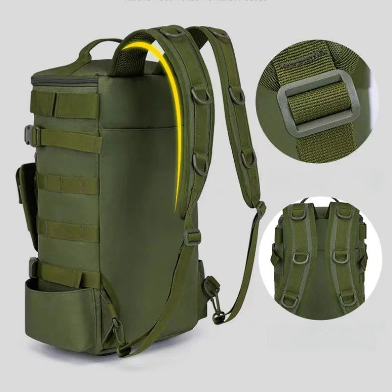 Mochila multifuncional para equipamentos de pesca, impermeável, com suportes para varas, design durável para camping, trilhas e viagens.