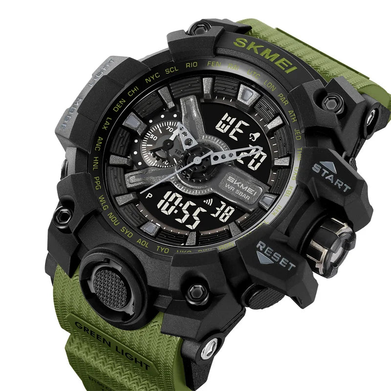 Relógio esportivo militar à prova de choque Skmei para homens, com design moderno, duplo fuso horário, mostrador grande, cronógrafo LED, à prova d'água e alarme.