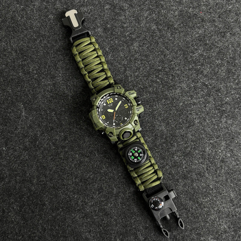 Relógio Militar de Sobrevivência ao Ar Livre Masculino Verde LED Digital Multifuncional à Prova d'Água com Duplo Visor
