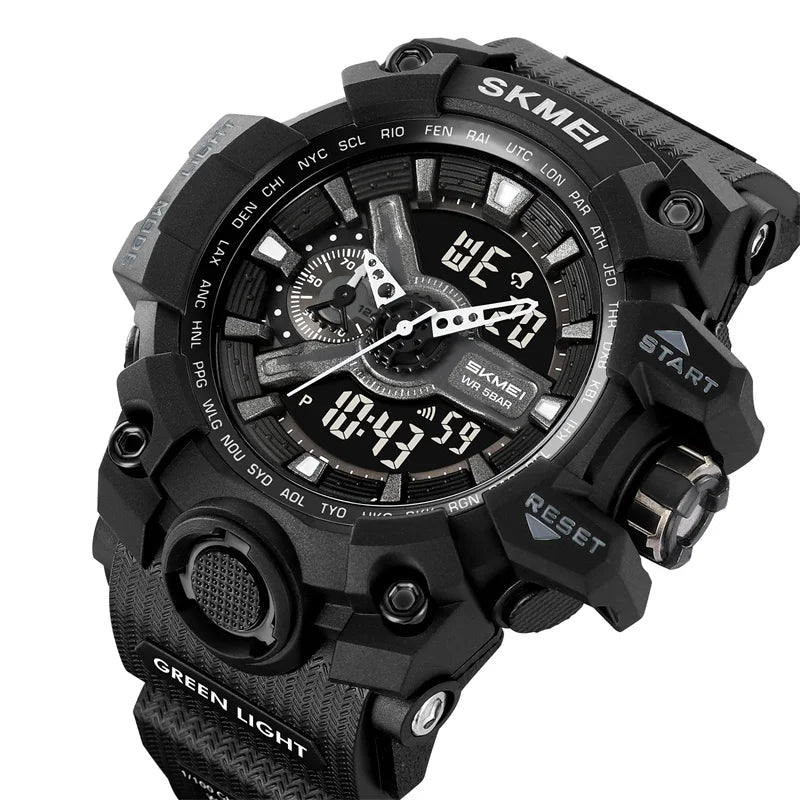 Relógio esportivo militar à prova de choque Skmei para homens, com design moderno, duplo fuso horário, mostrador grande, cronógrafo LED, à prova d'água e alarme.
