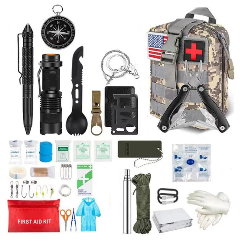 Kit de primeiros socorros de sobrevivência, conjunto completo de sobrevivência com sistema Molle, equipamento para atividades ao ar livre, kit de emergência, bolsa para traumas, kit de primeiros socorros individual para camping, trilhas e aventuras.
