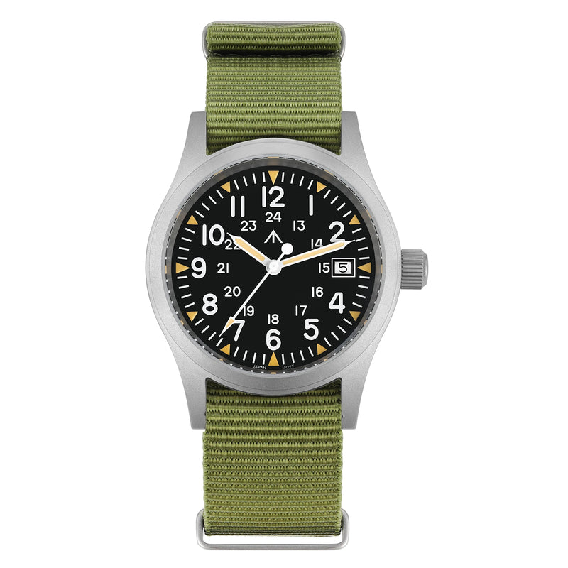 Relógio militar Militado ML05 com movimento de quartzo Ronda 515, cristal de safira abaulado com revestimento antirreflexo de alta transparência e luminescência, 38 mm, estilo vintage.