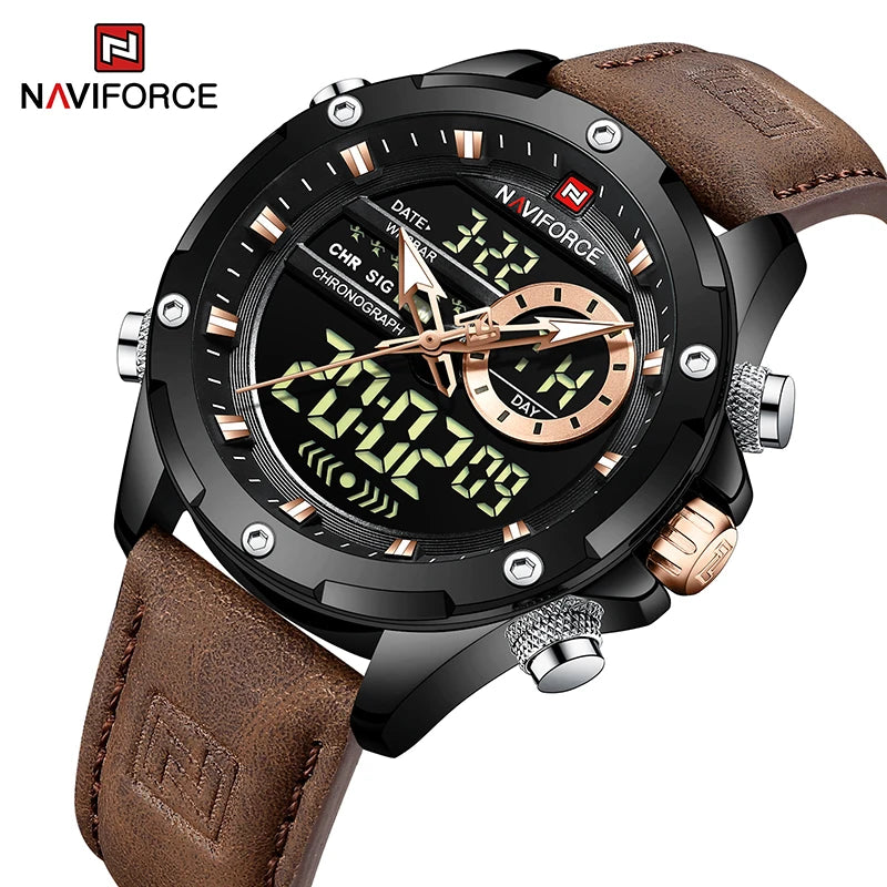 Relógio masculino NAVIFORCE, digital, esportivo, de luxo, marca renomada, com pulseira de couro militar, LED, quartzo, original para negócios.