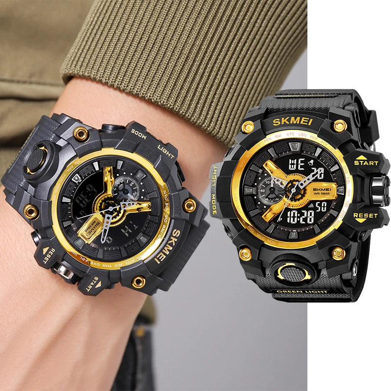 Relógio esportivo militar à prova de choque Skmei para homens, com design moderno, duplo fuso horário, mostrador grande, cronógrafo LED, à prova d'água e alarme.