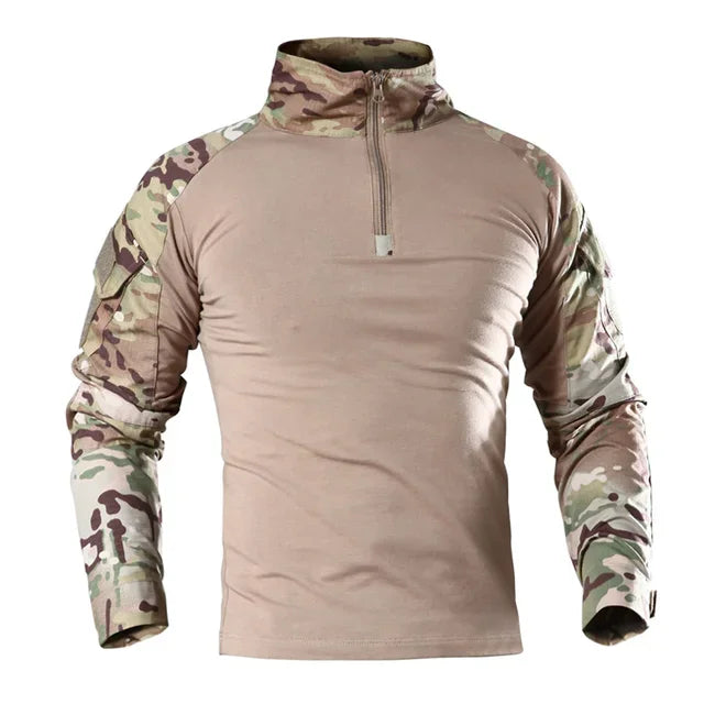 Camiseta tática masculina para atividades ao ar livre, caminhadas, combate militar, camuflagem CP, manga longa, caça, escalada, algodão, roupas esportivas.