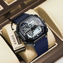 Relógio masculino esportivo POEDAGAR LED com visor digital de duplo fuso horário, data e dia da semana, formato quadrado, pulseira de silicone e mecanismo de quartzo.