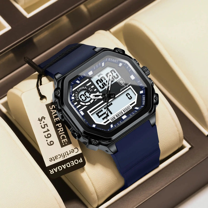 Relógio masculino esportivo POEDAGAR LED com visor digital de duplo fuso horário, data e dia da semana, formato quadrado, pulseira de silicone e mecanismo de quartzo.